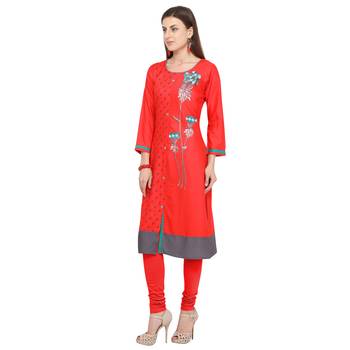 Red embroidered rayon party wear kurtis 3