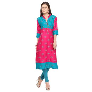 Pink printed rayon party wear kurtis 1