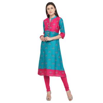 Turquoise printed rayon party wear kurtis 1