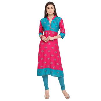 Pink printed rayon party wear kurtis 2