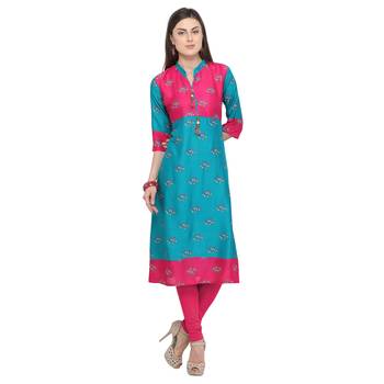 Turquoise printed rayon party wear kurtis 2