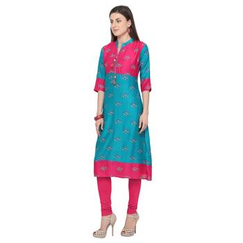 Turquoise printed rayon party wear kurtis 3