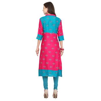 Pink printed rayon party wear kurtis 4