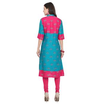 Turquoise printed rayon party wear kurtis 4