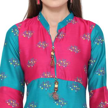 Turquoise printed rayon party wear kurtis 5