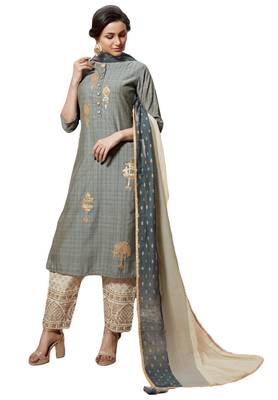Women's Grey & Cream Embroidered Readymade Suit Set 1