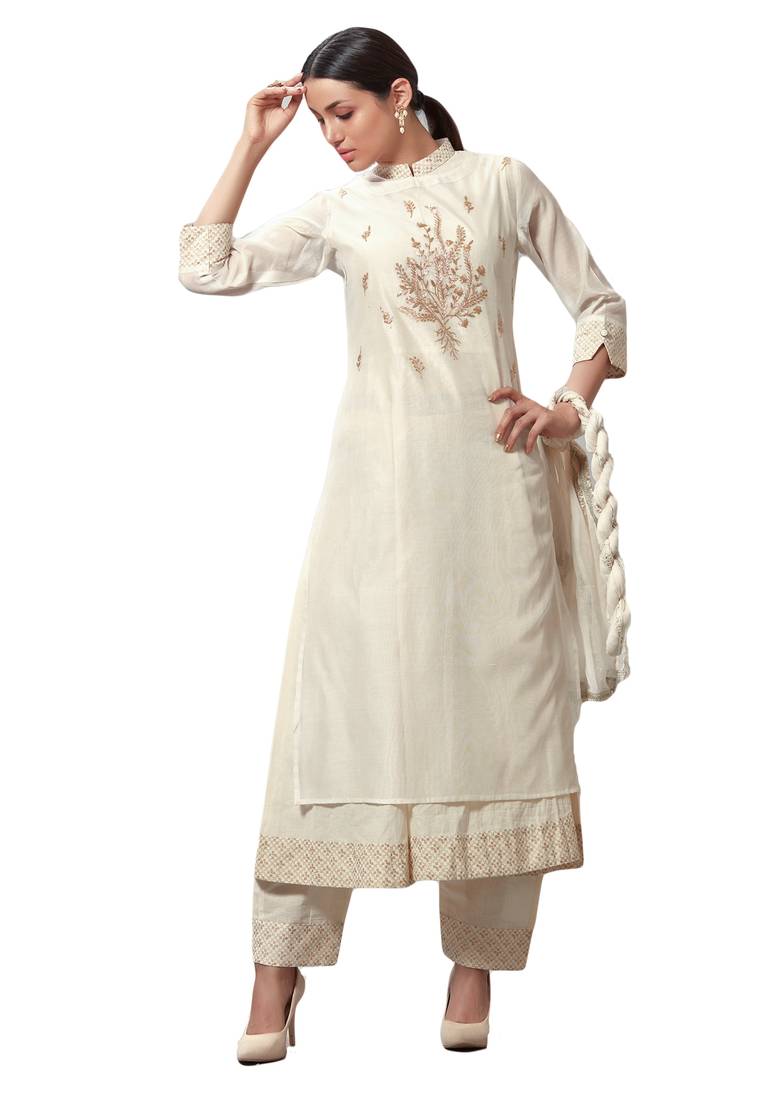 Women'S Cream Embroidered Readymade Suit Set