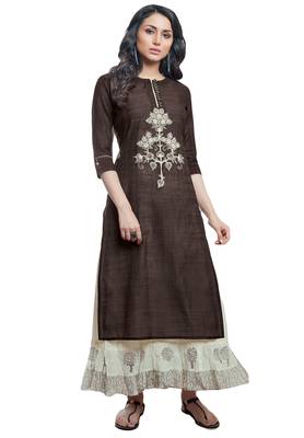 Women'S Brown & Cream Embroidered Readymade Suit Set 1