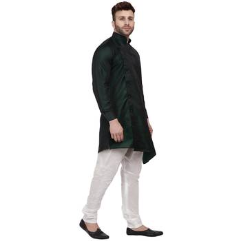 Green Plain Taffeta Men Kurtas 3