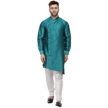 Green Plain Dupion Silk Men Kurtas 1