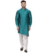Green Plain Dupion Silk Men Kurtas