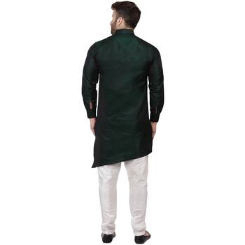 Green Plain Taffeta Men Kurtas 4