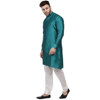 Green Plain Dupion Silk Men Kurtas 2