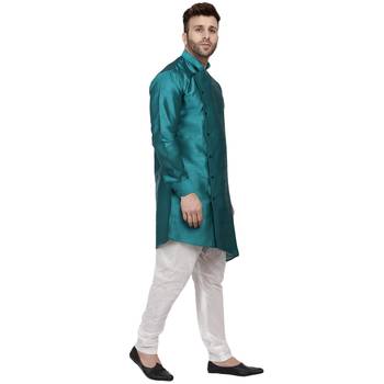 Green Plain Dupion Silk Men Kurtas 3