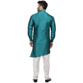 Green Plain Dupion Silk Men Kurtas 4