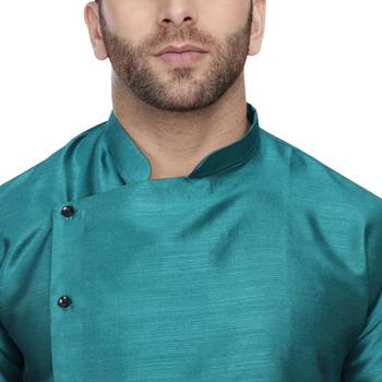 Green Plain Dupion Silk Men Kurtas 5