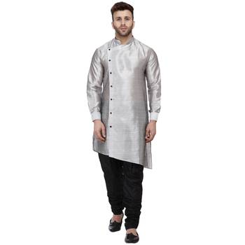 Grey Plain Dupion Silk Men Kurtas 1
