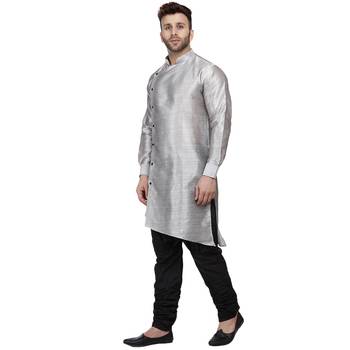 Grey Plain Dupion Silk Men Kurtas 2