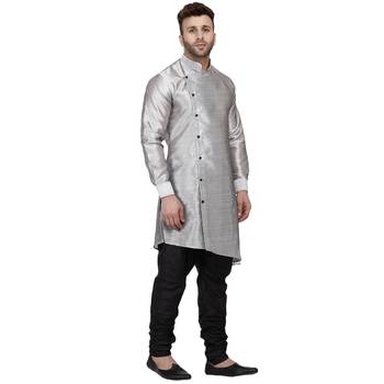 Grey Plain Dupion Silk Men Kurtas 3