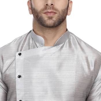 Grey Plain Dupion Silk Men Kurtas 5