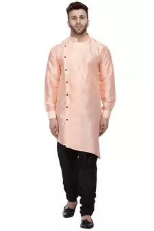Orange Plain Dupion Silk Men Kurtas