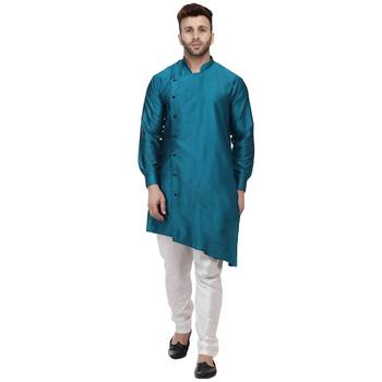Turquoise Plain Taffeta Men Kurtas 1