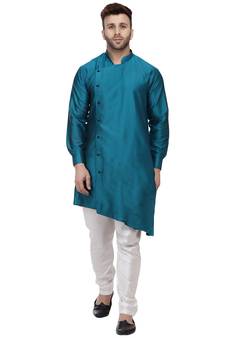 Turquoise Plain Taffeta Men Kurtas
