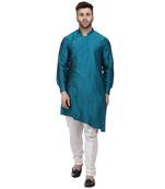 Turquoise Plain Taffeta Men Kurtas