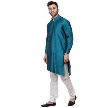 Turquoise Plain Taffeta Men Kurtas 2