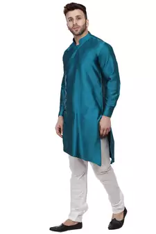 Turquoise Plain Taffeta Men Kurtas