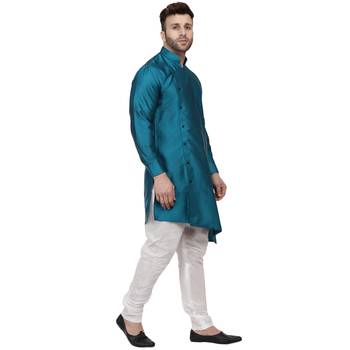 Turquoise Plain Taffeta Men Kurtas 3