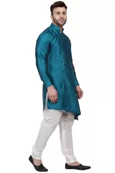 Turquoise Plain Taffeta Men Kurtas