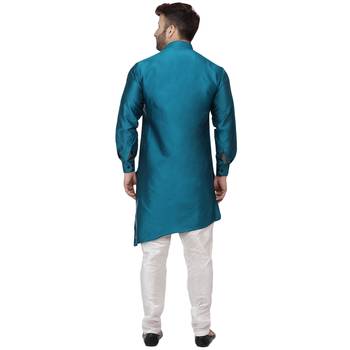 Turquoise Plain Taffeta Men Kurtas 4