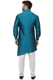 Turquoise Plain Taffeta Men Kurtas
