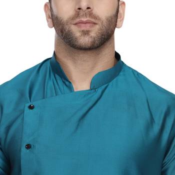 Turquoise Plain Taffeta Men Kurtas 5
