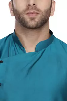 Turquoise Plain Taffeta Men Kurtas