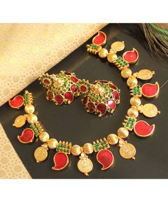 Beautiful Palakka Red Green Designer Necklace Set 1