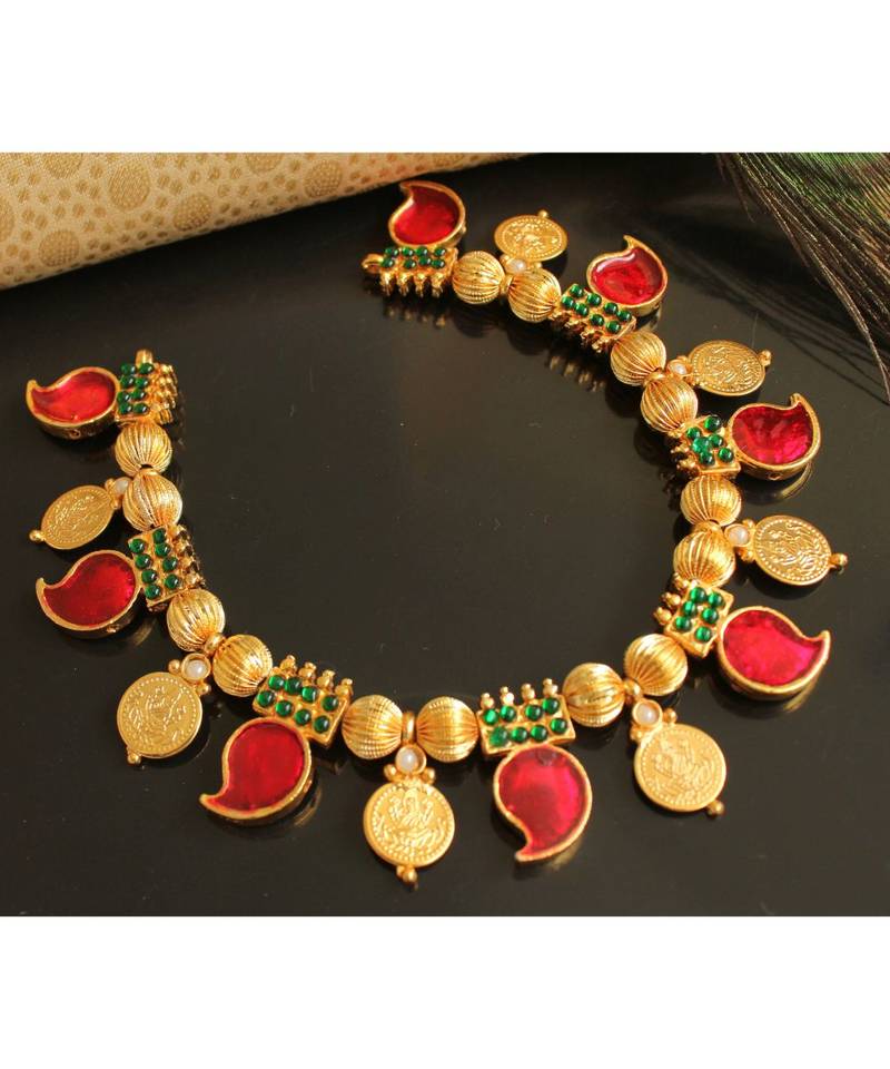 Beautiful Palakka Red Green Designer Necklace Set