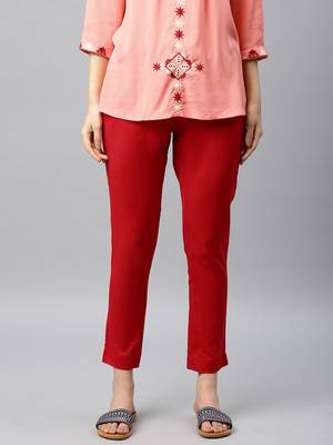 Women Red Regular Fit Solid Cigarette Trousers 1