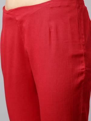 Women Red Regular Fit Solid Cigarette Trousers 2
