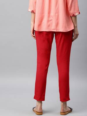 Women Red Regular Fit Solid Cigarette Trousers 3