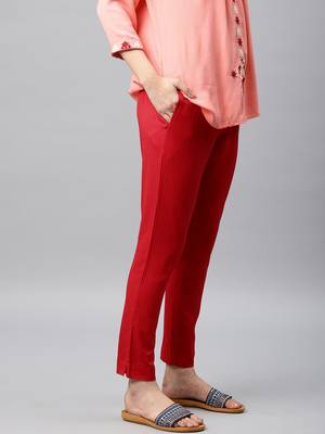 Women Red Regular Fit Solid Cigarette Trousers 4