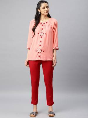 Women Red Regular Fit Solid Cigarette Trousers 5