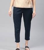Women Navy Blue Slim Fit Solid Cropped Cigarette Trousers