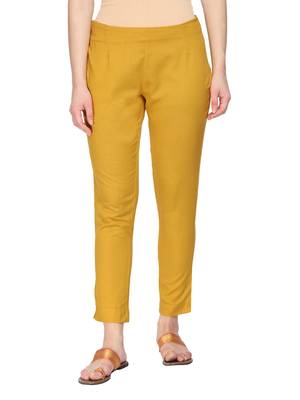 Women Mustard Regular Fit Solid Cigarette Trousers 1