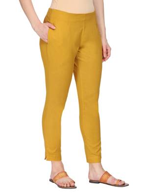 Women Mustard Regular Fit Solid Cigarette Trousers 4