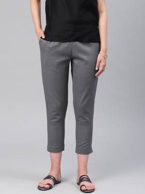 Women Grey Slim Fit Solid Cropped Cigarette Trousers 1