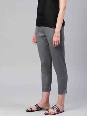 Women Grey Slim Fit Solid Cropped Cigarette Trousers 4