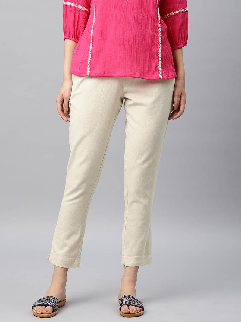 Women Off-White Regular Fit Solid Cigarette Trousers