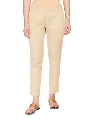 Women Beige Regular Fit Solid Cigarette Trousers 1